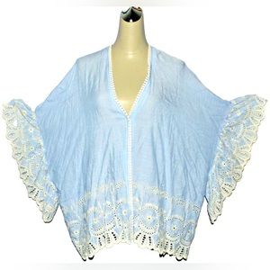 OST APPAREL NEW $160 NWT OVERSIZED S M L BLUE EYELETS EMBROIDERY COVER UP KIMONO